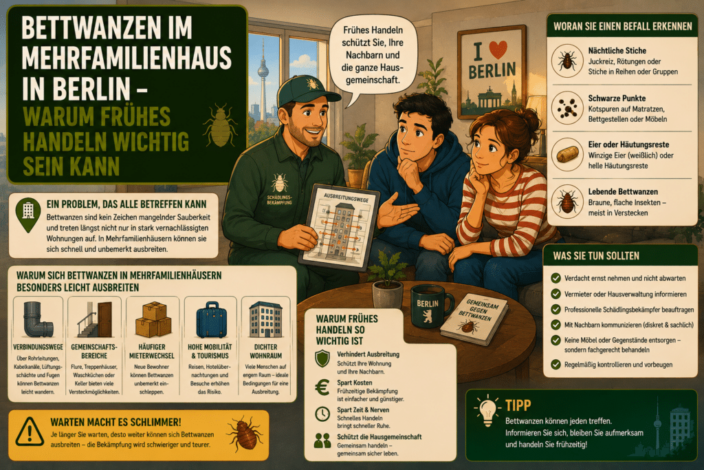 Bettwanzen im Mehrfamilienhaus – Illustration zur Ausbreitung von Bettwanzen über Wohnungen, Leitungen und Gemeinschaftsbereiche in Wohnhäusern.