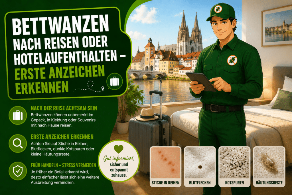 Bettwanzen nach Reisen oder Hotelaufenthalten – freundlicher Schädlingsbekämpfer in einem Hotelzimmer mit Regensburger Altstadt im Hintergrund erklärt typische Warnzeichen.