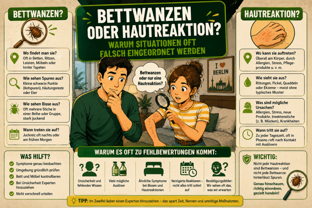 Bettwanzen oder Hautreaktion? Illustration zu Hautreizungen, Bettwanzenverdacht und häufig falsch eingeordneten Situationen im Schlafzimmer.