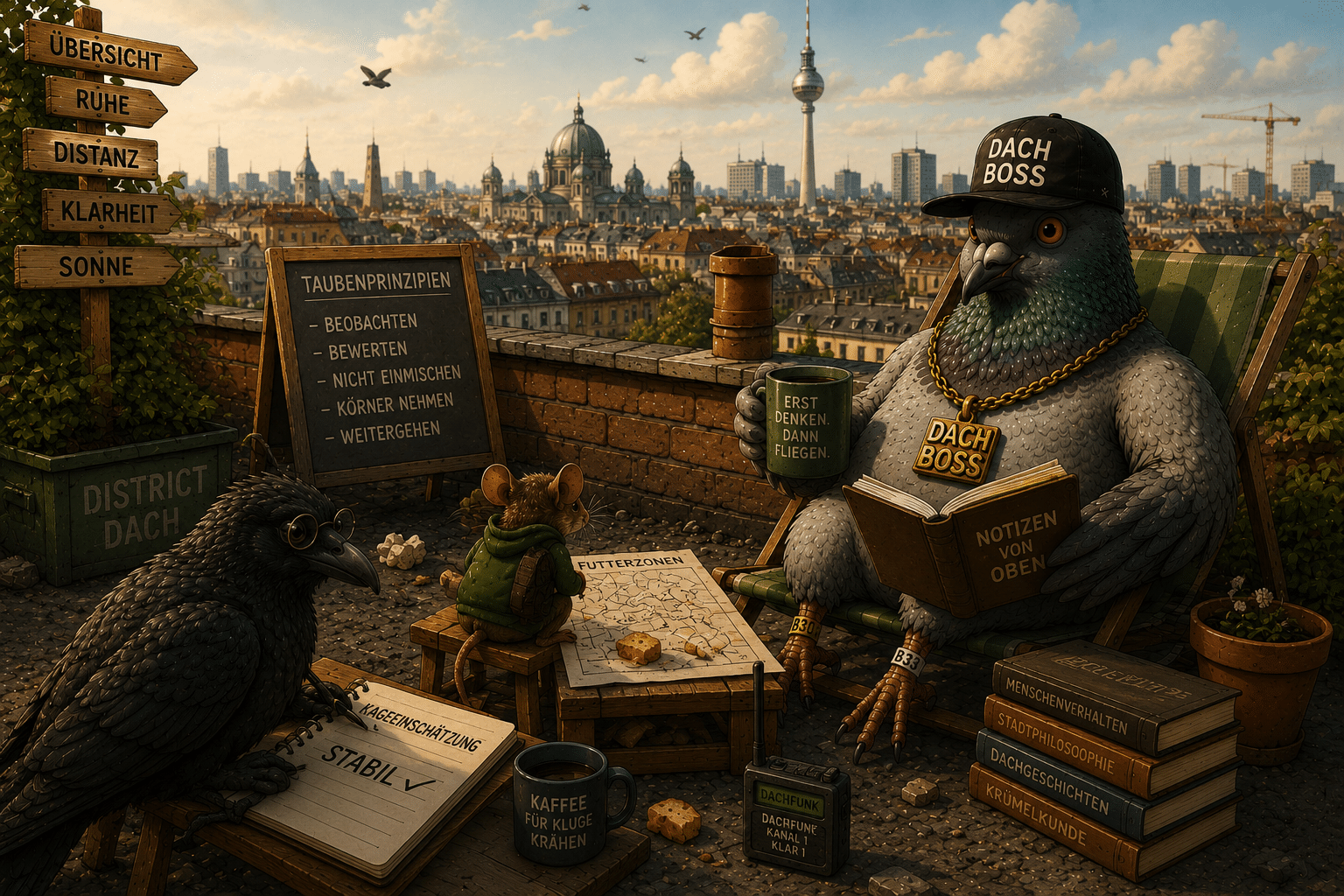 Philosophische DISTRICT-DACH-Szene auf einem Berliner Altbaudach mit Dach Boss, Krähenanalyse und urbaner Dachaufsicht bei Sonnenuntergang über Berlin.