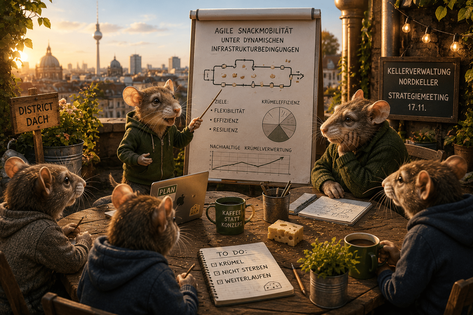 Mäuse beim Strategiemeeting der Kellerverwaltung auf einem Berliner Dach im District-Dach-Stil