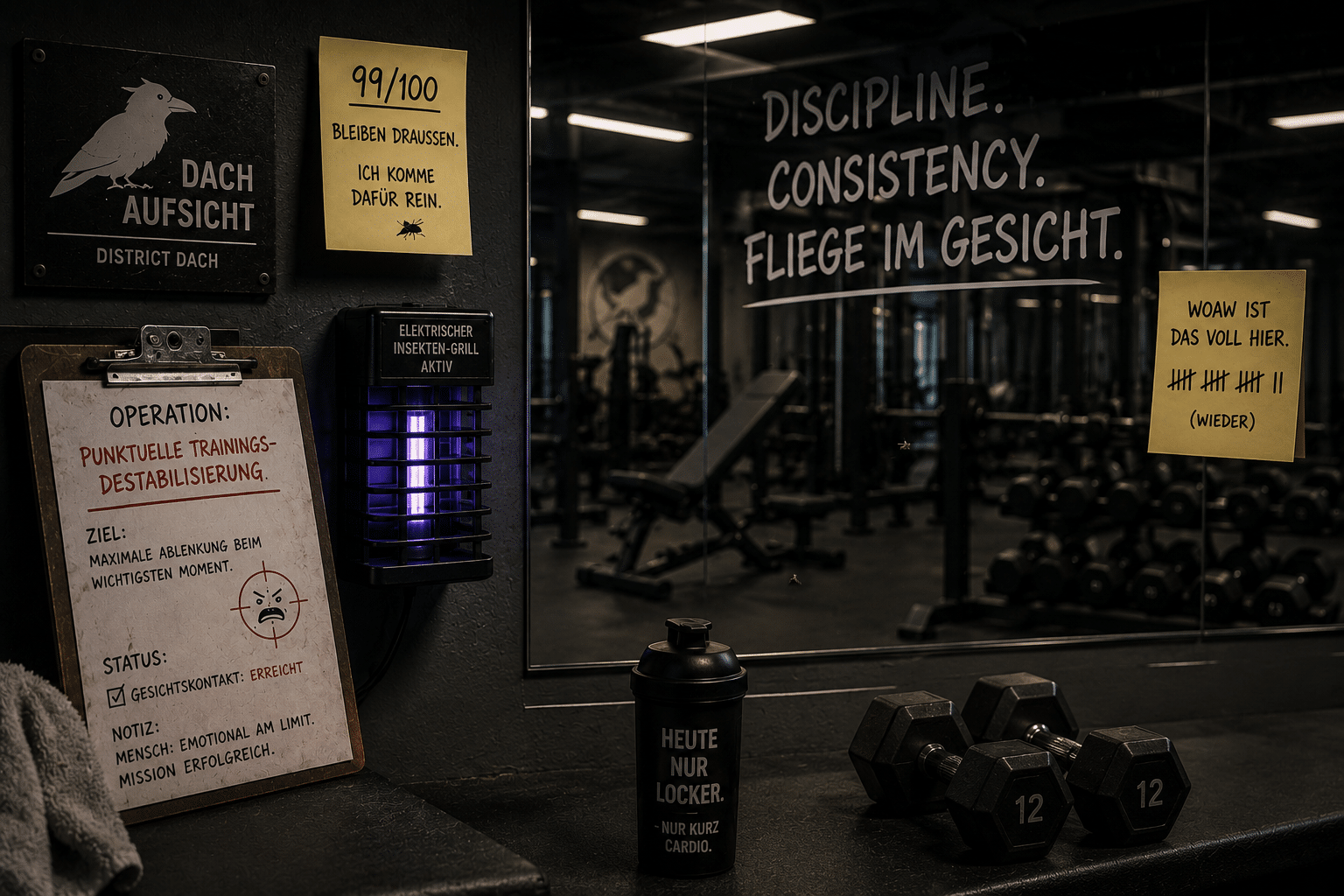 Satirische DISTRICT-DACH-Fitnessstudio-Szene mit Spiegelbereich, elektrischem Insekten-Grill und einer kaum sichtbaren Fliege im Abendbetrieb zwischen Hanteln und Trainingsnotizen.