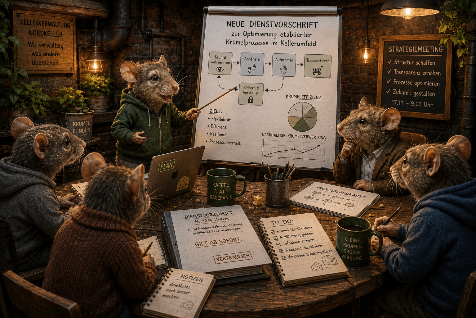 Mäuse der Kellerverwaltung diskutieren eine neue Dienstvorschrift zur Optimierung bestehender Krümelprozesse während eines Strategiemeetings im Nordkeller.