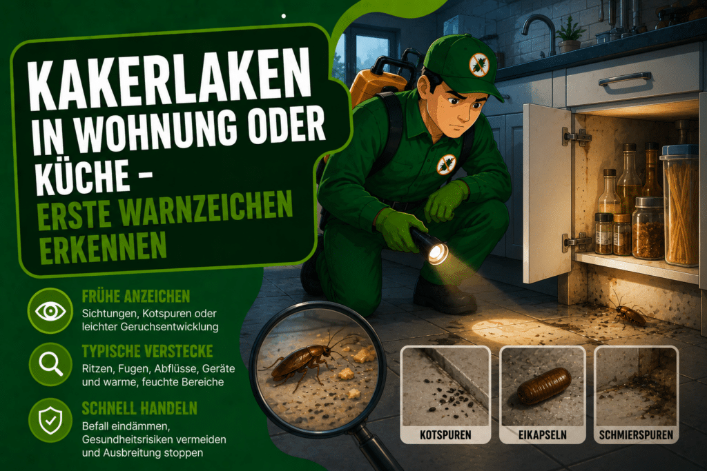Kakerlaken in Wohnung oder Küche – Schädlingsbekämpfer untersucht typische Warnzeichen wie Kotspuren, Verstecke und Schabenspuren in einer Küche.