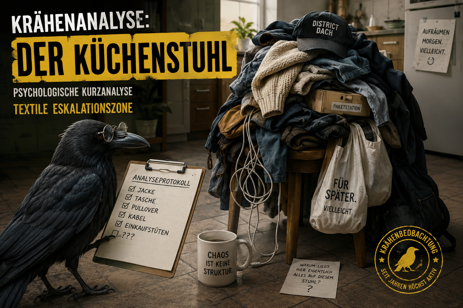 Krähe analysiert überfüllten Küchenstuhl mit Kleidung, Taschen und Kabeln als textile Eskalationszone in Berliner Wohnung.
