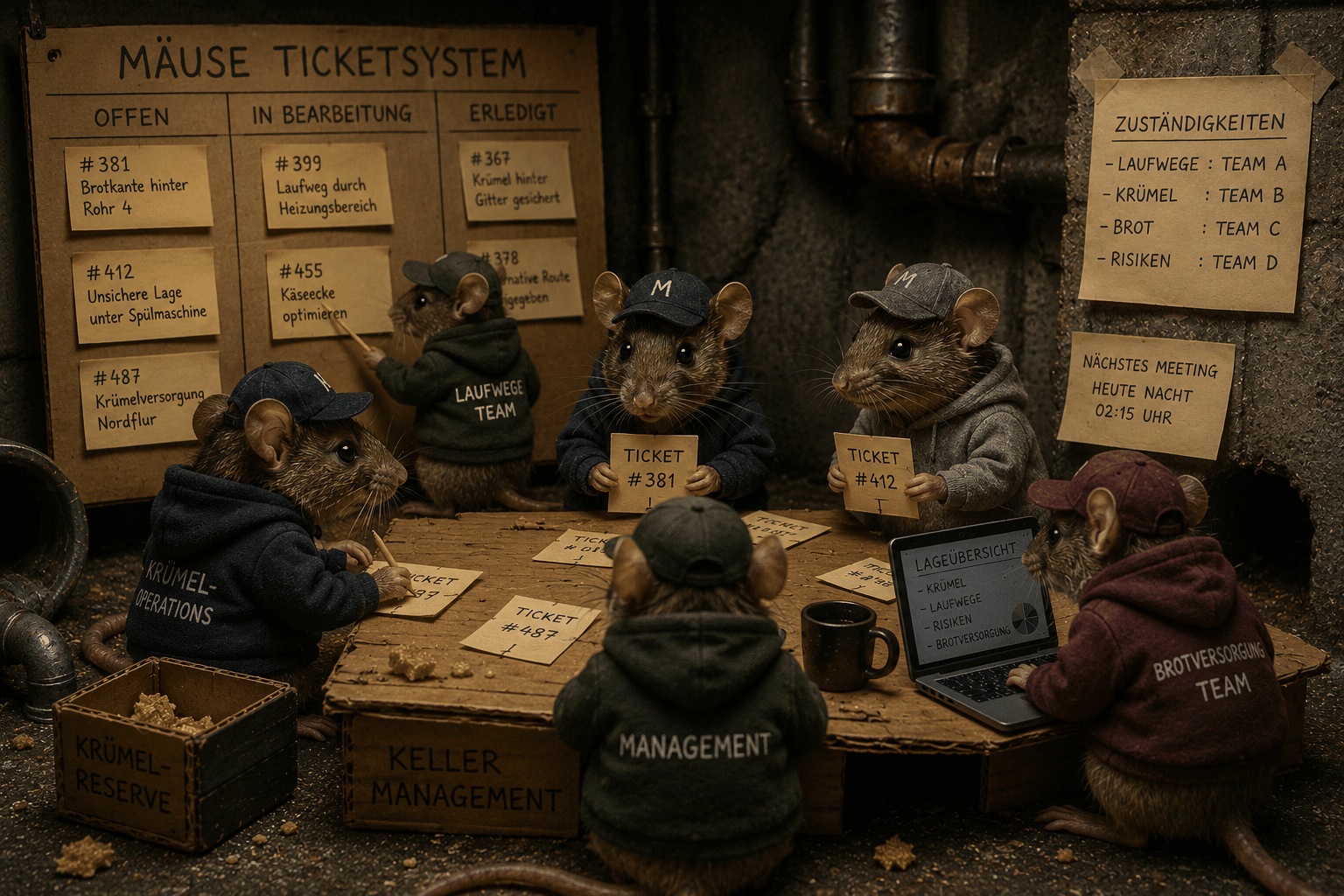 Mäuse mit Basecaps und Hoodies beim internen Ticketsystem-Meeting im Kellerbereich von DISTRICT DACH