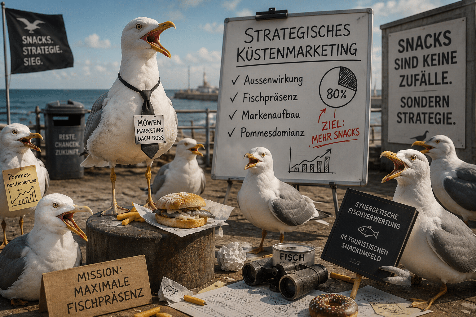 Mehrere Möwen halten an einer Strandpromenade ein absurdes Marketing-Meeting über Fischpräsenz, Pommespositionierung und strategisches Küstenmarketing ab
