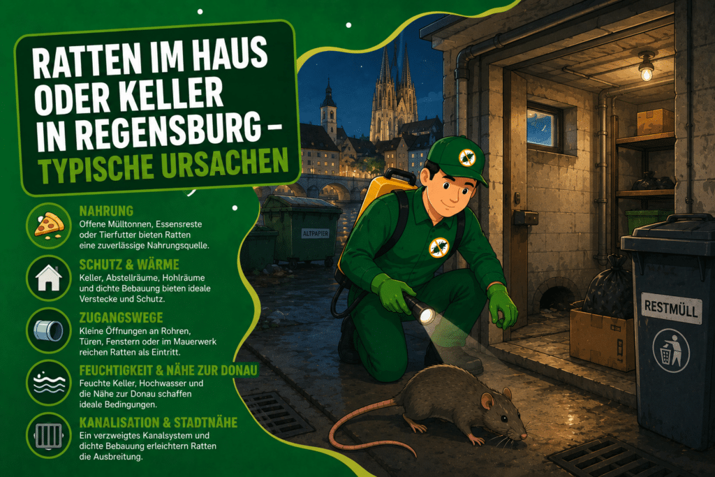 Comicstil-Beitragsbild zu Ratten im Haus oder Keller in Regensburg – Schädlingsbekämpfer untersucht einen Kellerbereich mit Ratte, Abflüssen und typischen Zugangswegen in urbaner Umgebung.