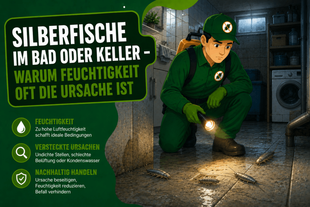Silberfische im Bad oder Keller – Schädlingsbekämpfer untersucht Feuchtigkeitsbereiche und typische Ursachen für Silberfischbefall.