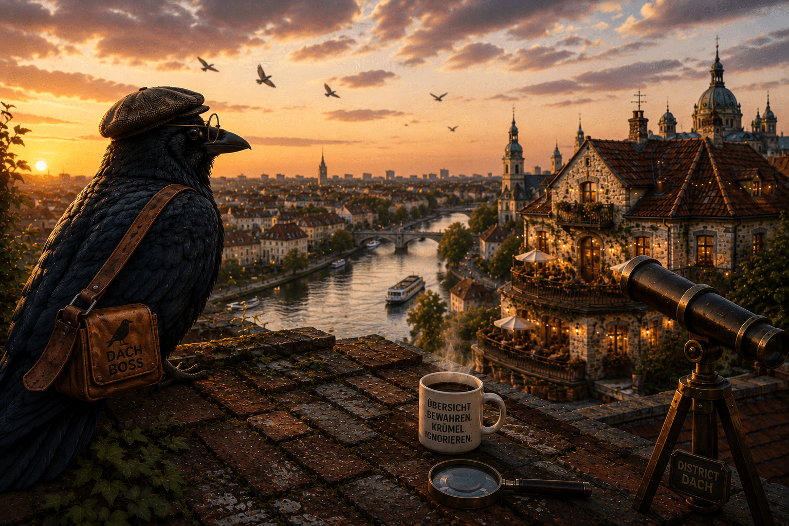 Krähe auf einem Dach mit Blick auf eine historische Stadt und einen Fluss im warmen Abendlicht.