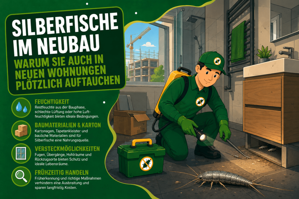Comicstil-Beitragsbild zu Silberfischen im Neubau – Schädlingsbekämpfer untersucht Silberfische in einer modernen Neubauwohnung mit Bad und typischen Feuchtigkeitsbereichen.