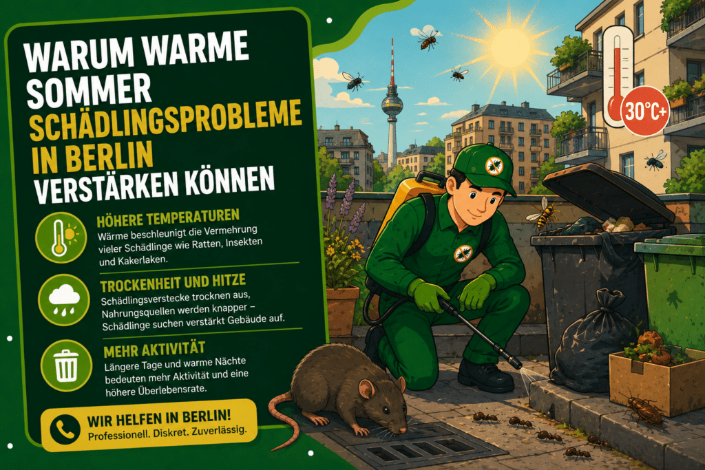 Illustration zu warmen Sommern in Berlin mit verstärktem Schädlingsaufkommen durch Hitze, Müllbereiche, Insekten und Ratten in urbaner Umgebung