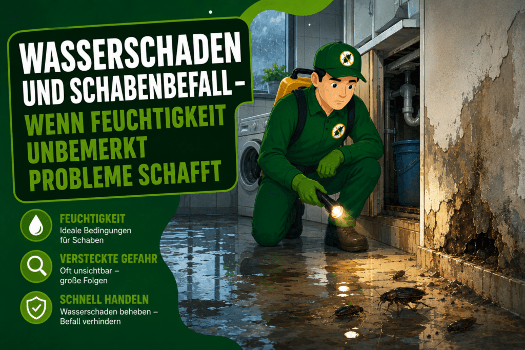 Wasserschaden und Schabenbefall – Feuchtigkeit in Wohnung oder Keller schafft ideale Bedingungen für Schaben und versteckte Schäden.