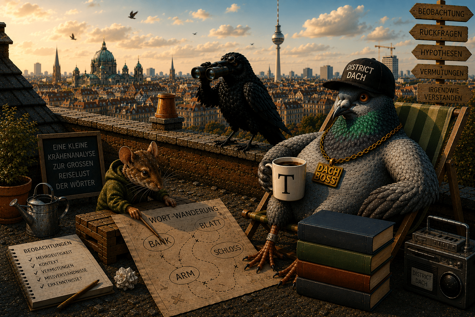 Illustratives District-Dach-Motiv mit Krähe, Taube und Maus auf einem Berliner Dach. Im Mittelpunkt steht eine humorvolle Analyse sprachlicher Mehrdeutigkeit und der Reiselust von Wörtern wie Bank, Blatt, Schloss und Arm.