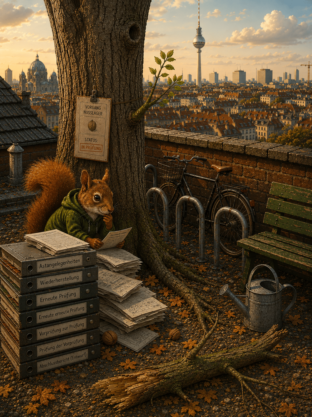 Eichhörnchen mit Aktenstapel und abgebrochenem Ast in einem Innenhof bei der Prüfung eines Nusslager-Zugangs